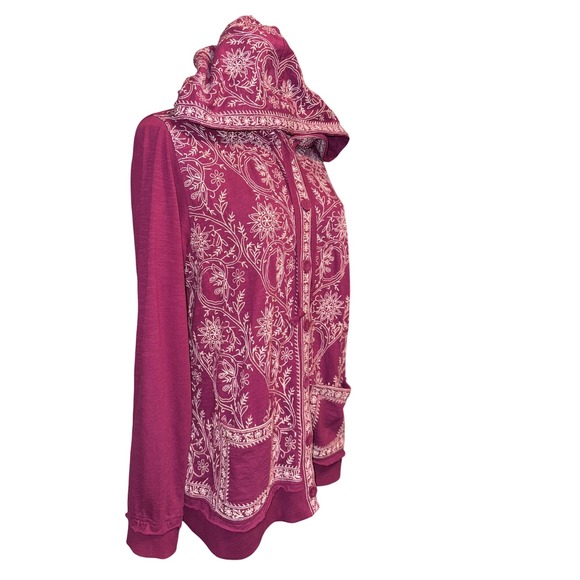 Soft Surroundings Embroidered Floral Zip Up Hooded Jacket Burgundy Size Small - Picture 2 of 7